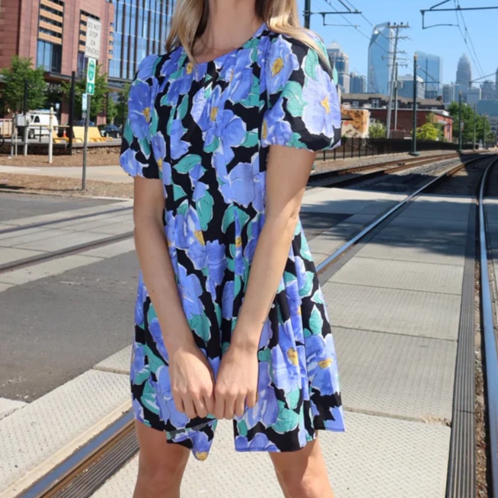 NWT Vestique Blue and White Puff Sleeve Mini Dress